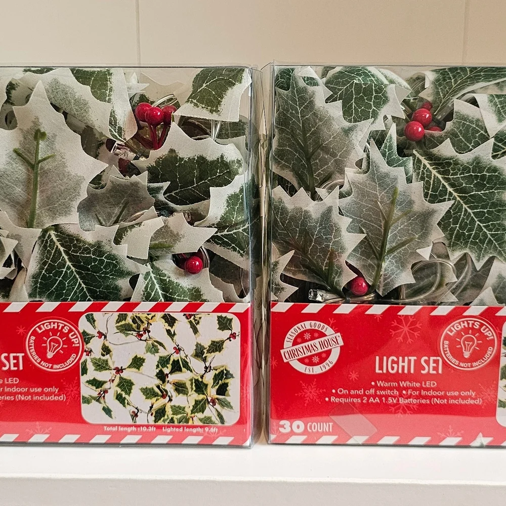 LED Holly String Lights - White and Green